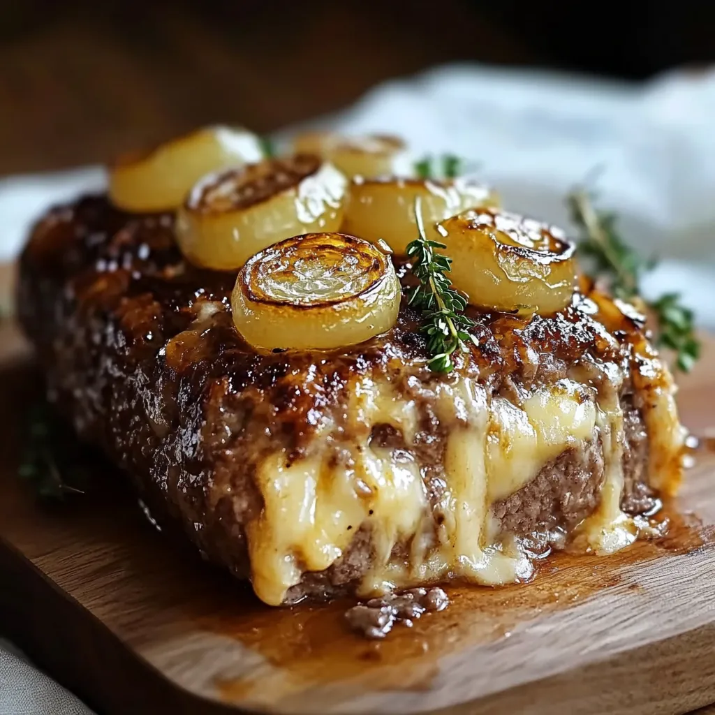 Ein Zwiebelhackbraten mit Zwiebeln und Knoblauch darauf.