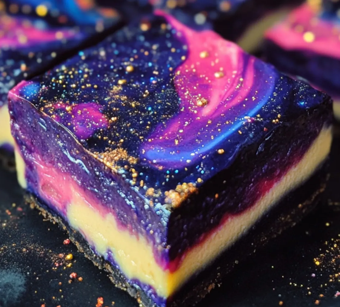 Ein prägnantes Bild, das Galaktische Käsekuchen Bars zeigt, mit einer purpurfarbenen Käsekuchen Bar, die in einem schwarzen Rahmen liegt.
