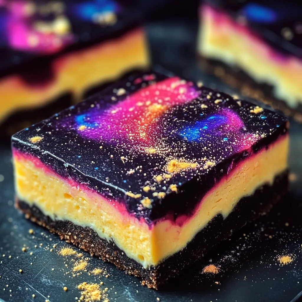 Ein prägnantes Bild, das Galaktische Käsekuchen Bars zeigt, mit verschiedenen Farben und Texturen.