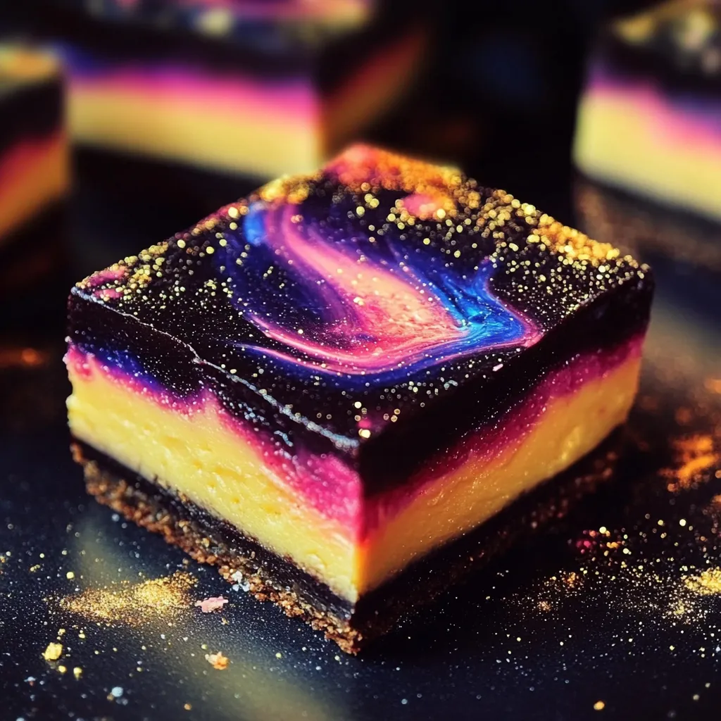 Ein kleiner, goldener Käsekuchen mit einem purple-orange-golden Design auf einer Platte.