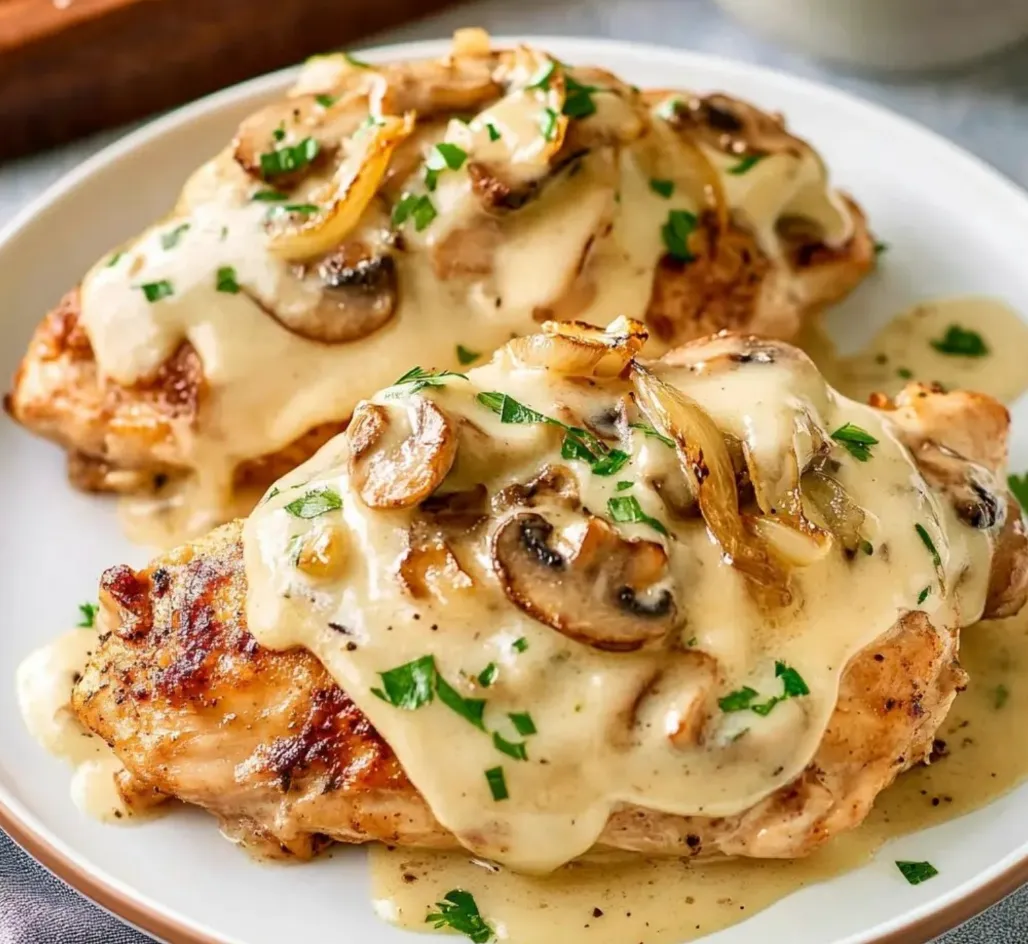 Ein Plate mit zwei Stücken von Texas Roadhouse Smothered Chicken, die mit Sauce und Zwiebeln garniert sind.