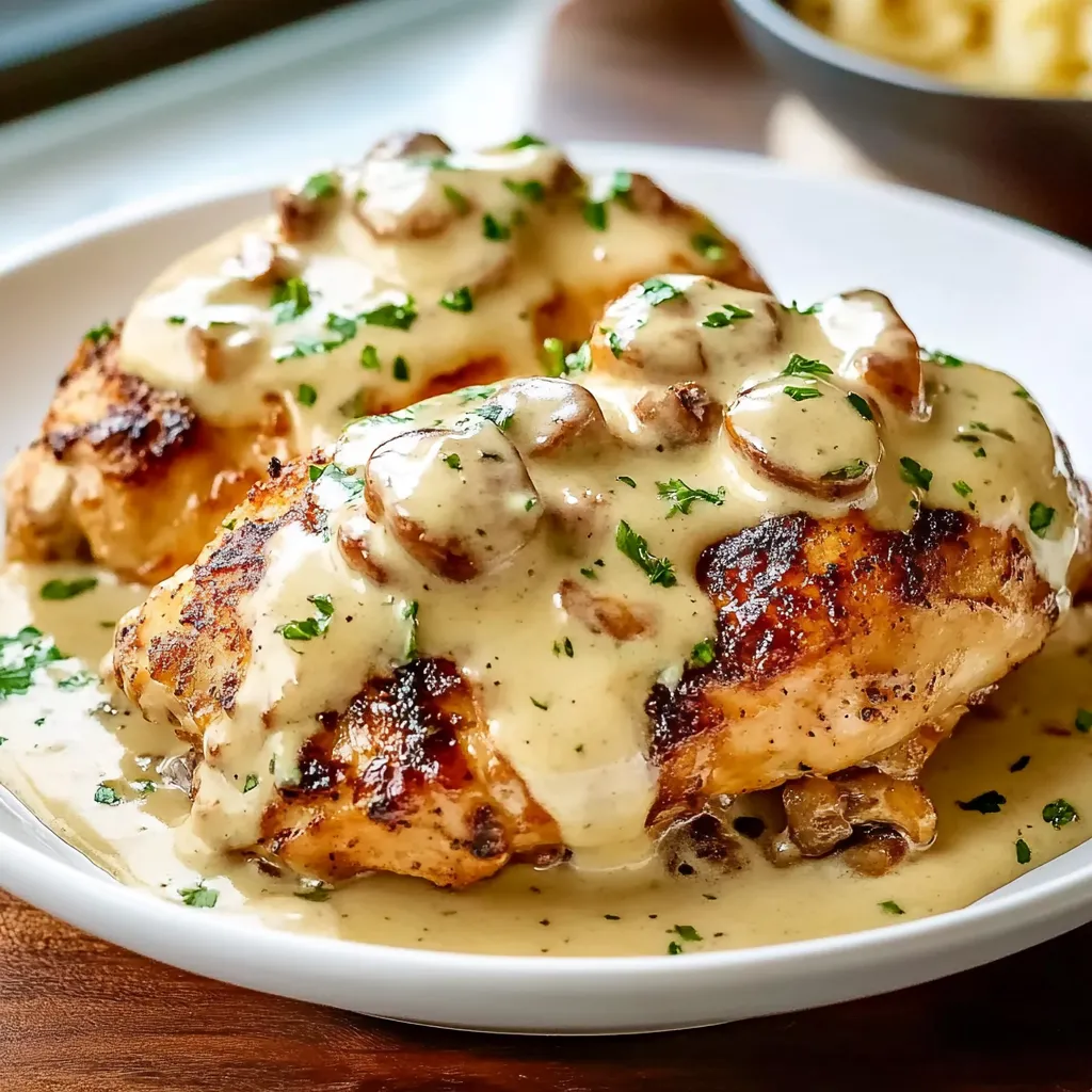 Ein Plate mit zwei Portionen von Texas Roadhouse Smothered Chicken.