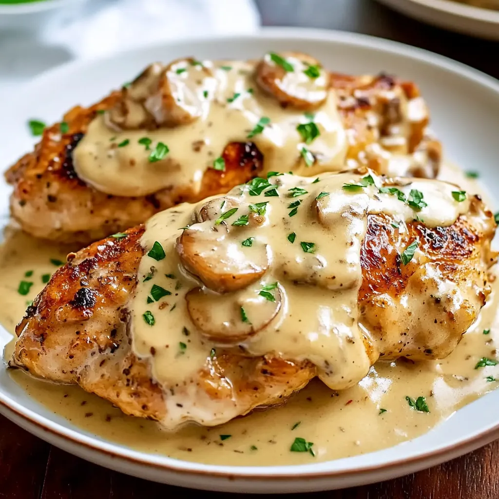 Ein Plate mit zwei Portionen von Texas Roadhouse Smothered Chicken, garniert mit Parsley.