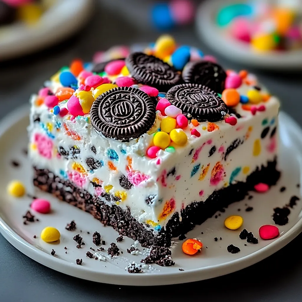 Ein Oreo Eis mit verschiedenen Farben und Schokoladensorten auf einem weißen Plate.