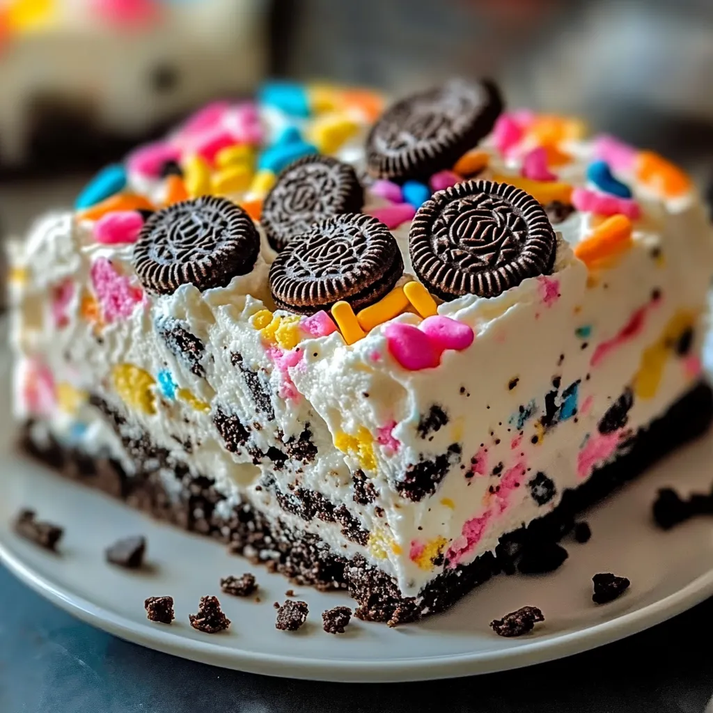 Ein Oreo Eis mit verschiedenen Farben und Schokoladensorten auf einem weißen Teller.