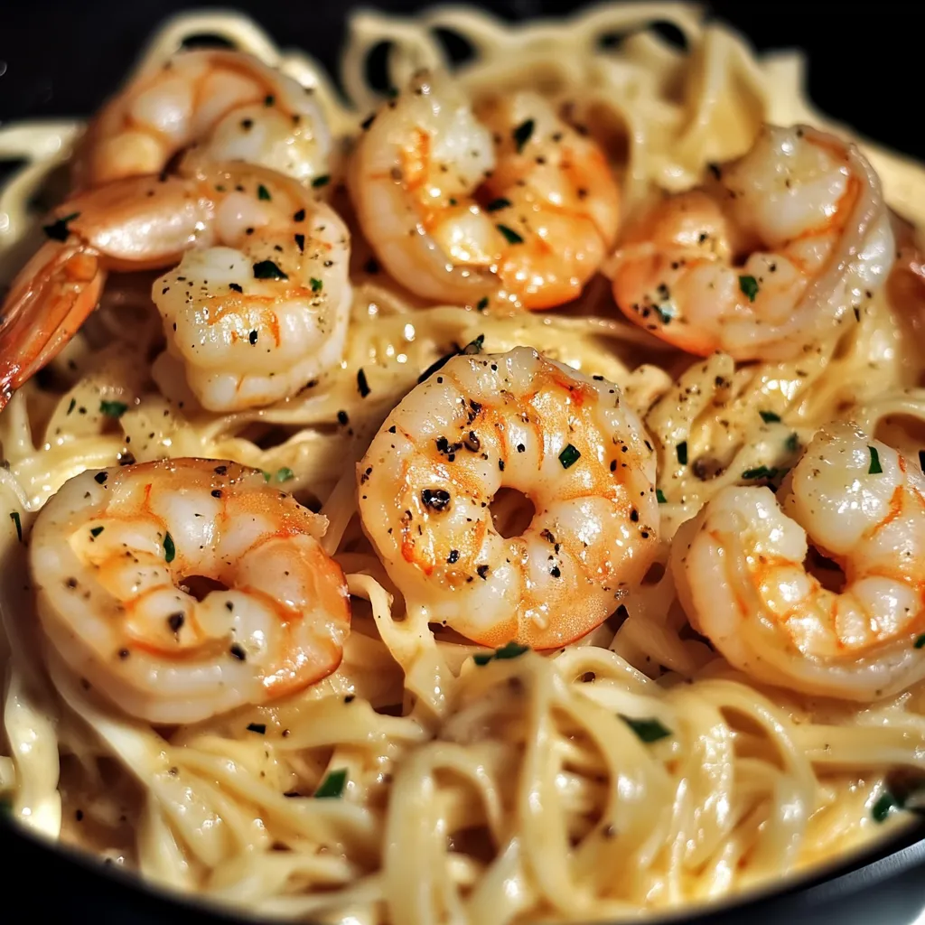 Eine Schüssel mit Pasta und Shrimp.