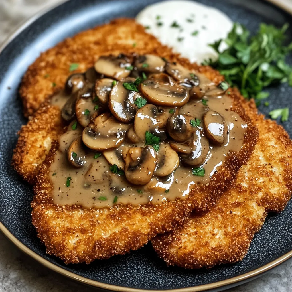 Ein Jägerschnitzel mit mushrooms und gravy auf einem schwarzen Teller.