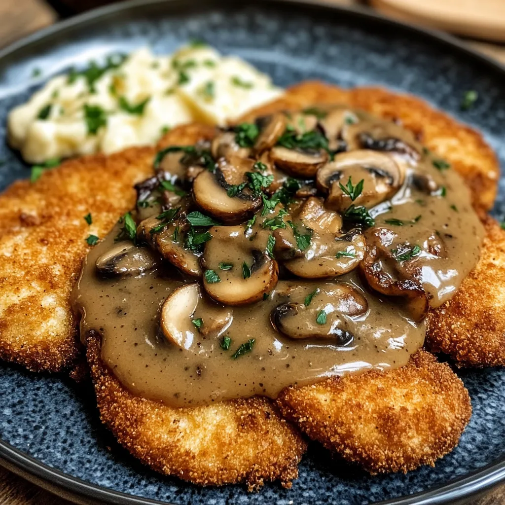 Ein Jägerschnitzel mit mushrooms, herbs und gravy auf einem blauen Teller.