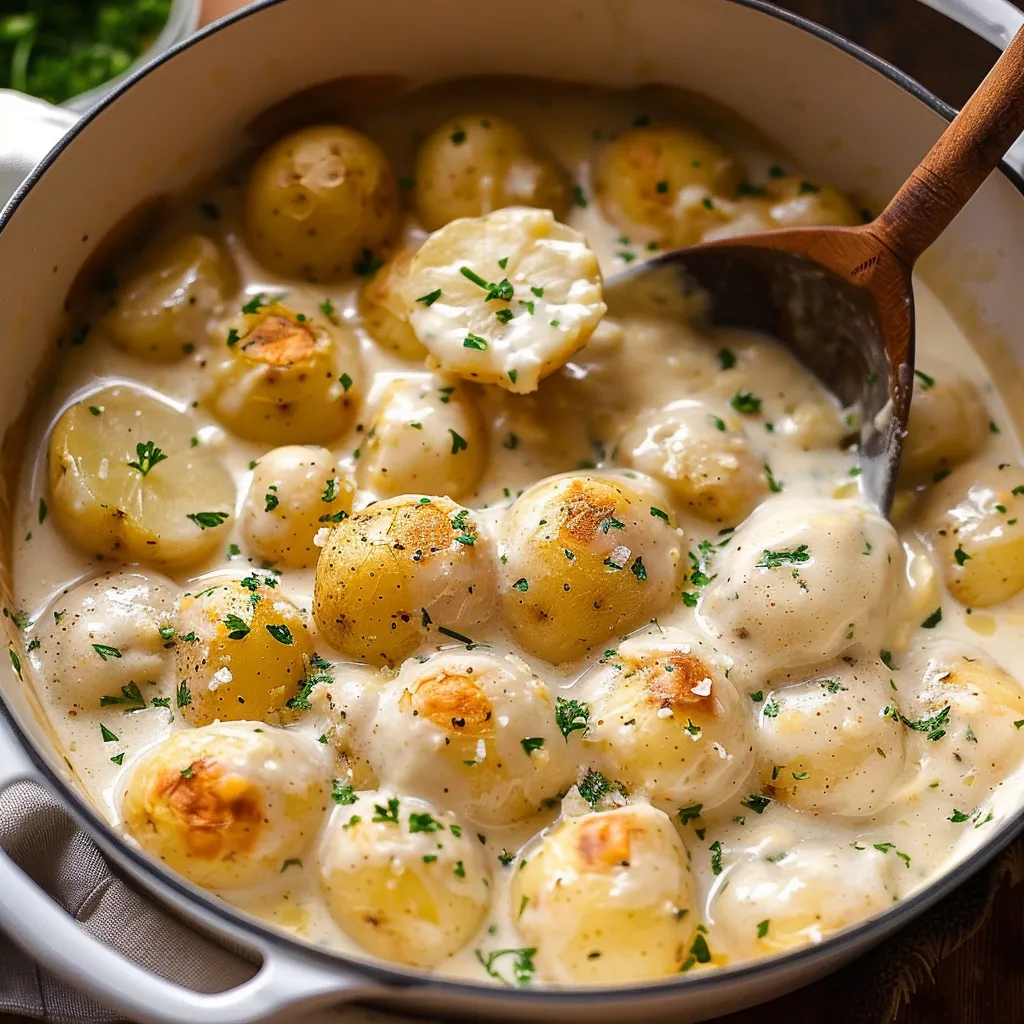 Ein Topf mit einer cremigen Sauce, die mit Kartoffeln und Zwiebeln gefüllt ist.