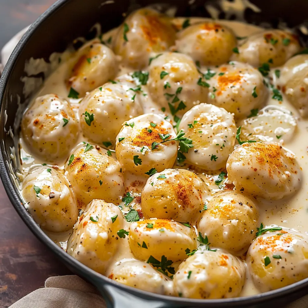 Ein Schalen mit gegrillten Paprika, die in einer cremigen Sauce serviert werden.