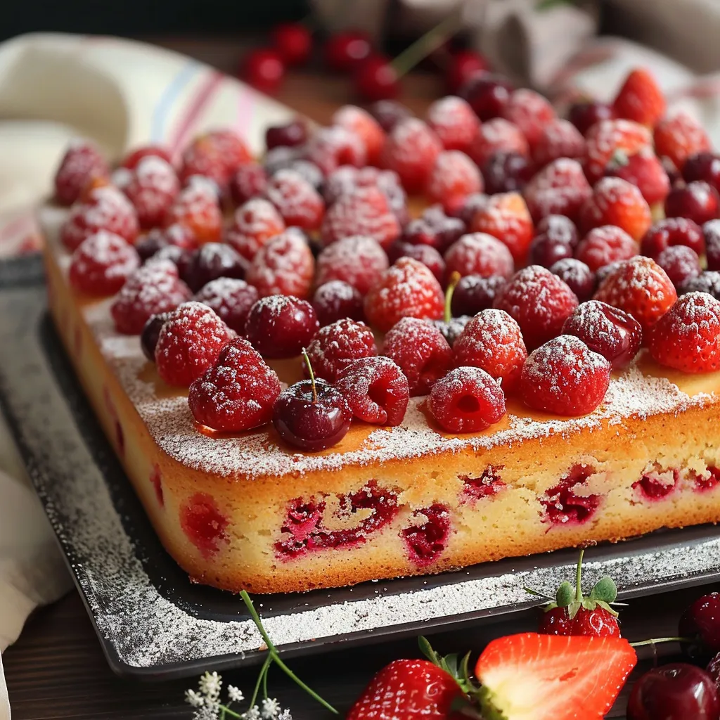 Eine Tafel mit einer süßen Raspberry-Kuche, die mit Raspberry-Fruchtstücken und Zucker bestreut ist.