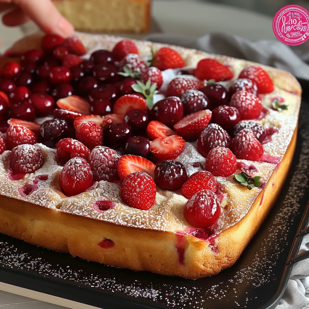 Eine große Tafel mit einer großen Strawberry-Kuche, die mit Strawberries, Zitronen und anderen Zutaten garniert ist.