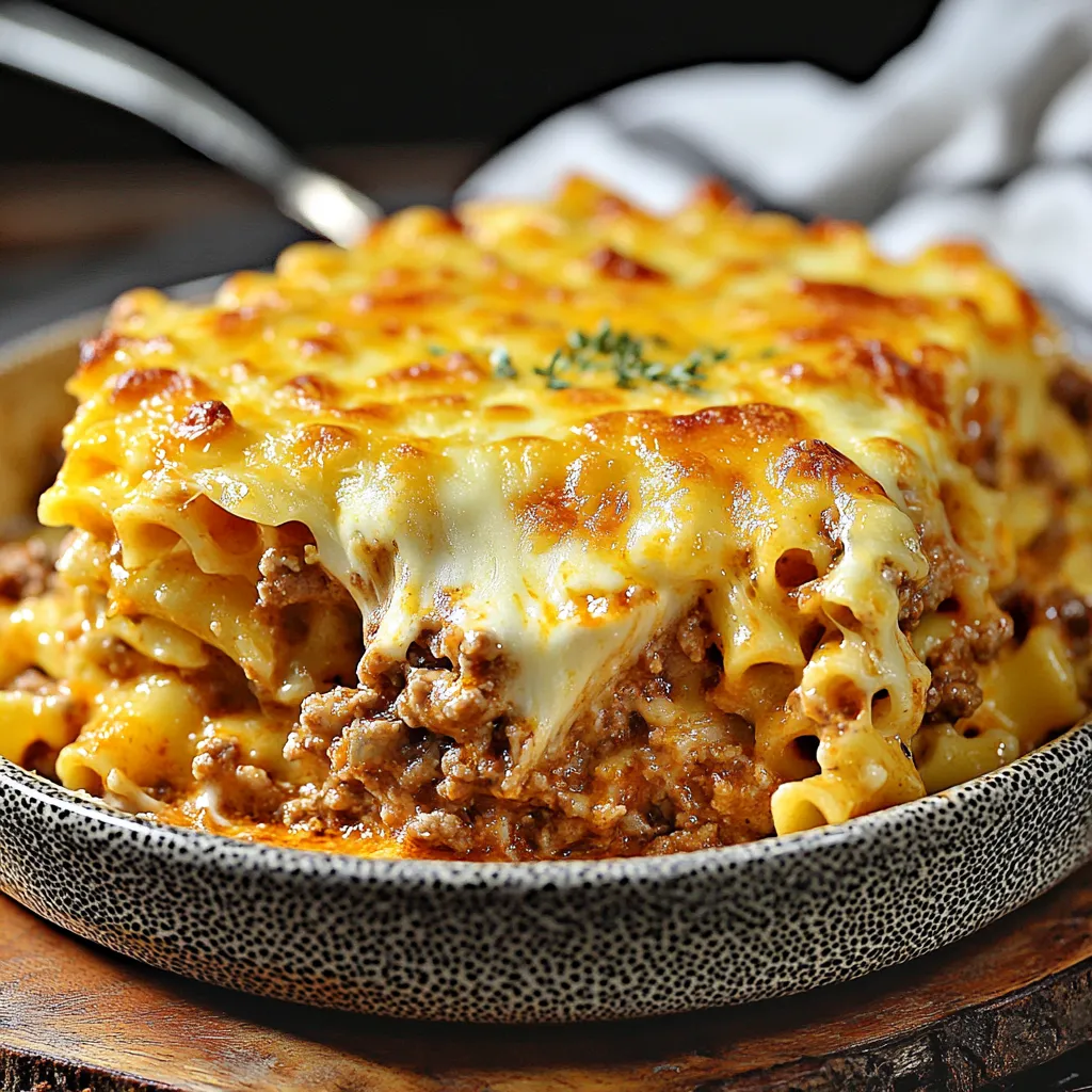 Ein Teller mit einer Art von Lasagne oder Pasta mit Käse und Zwiebeln darauf.