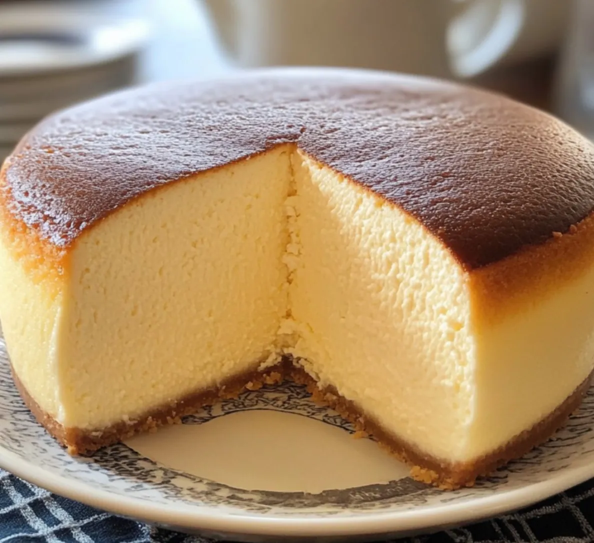 Ein Stück Japanischer Käsekuchen mit Zitrone, Sahne und Frischkäse auf einem weißen Teller.