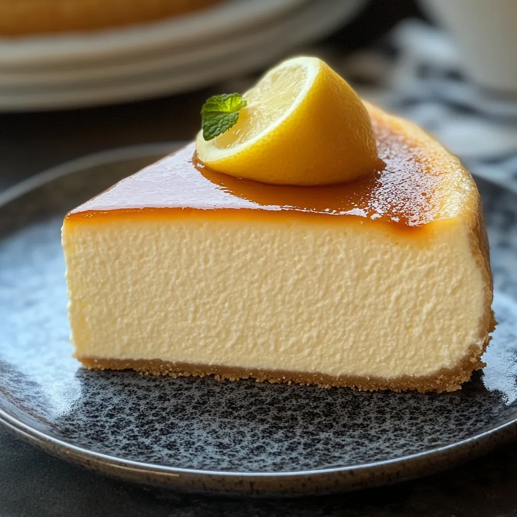 Ein Stück Japanischer Käsekuchen mit Zitrone, Sahne und Frischkäse auf einem Plate.