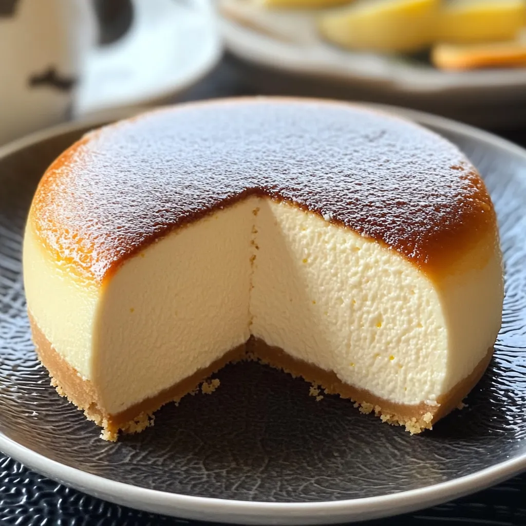 Ein Japanischer Käsekuchen mit Zitrone, Sahne und Frischkäse auf einem Plate.