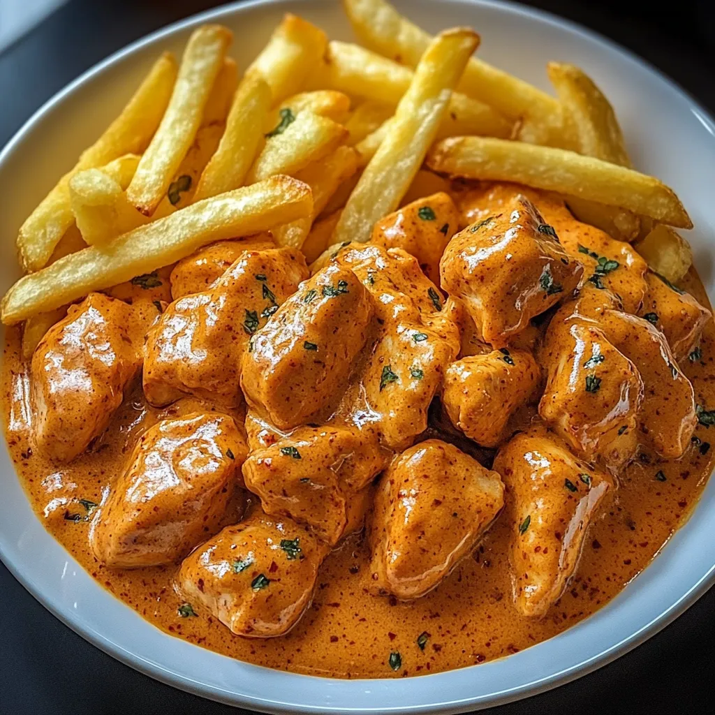 Ein weißer Teller mit Butter Chicken, Knoblauchsauce und knusprigen Pommes.