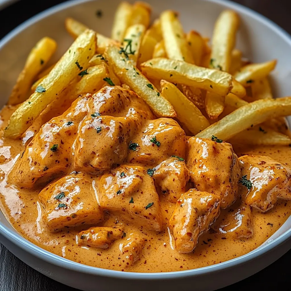 Ein Schälchen mit Butter Chicken und Pommes.