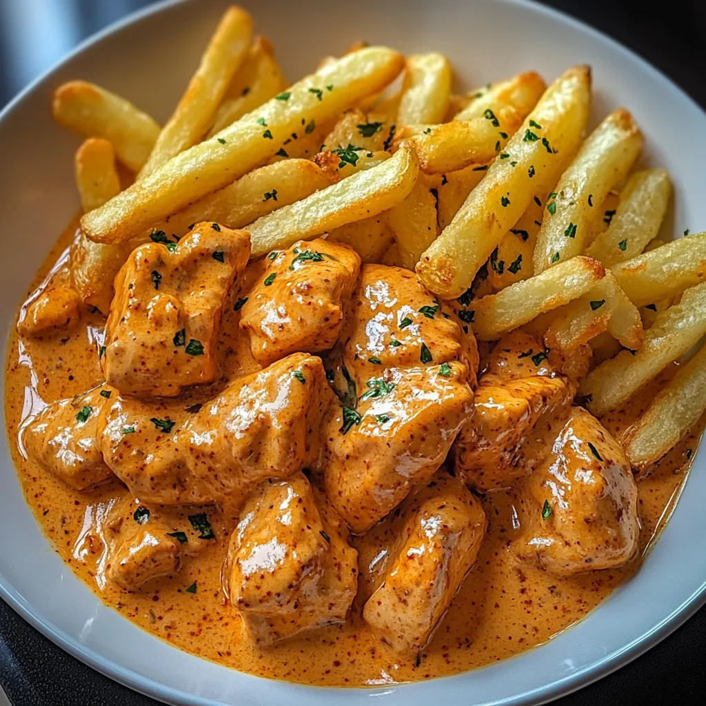 Ein weißer Teller mit Butter Chicken, Knoblauchsauce und knusprigen Pommes.