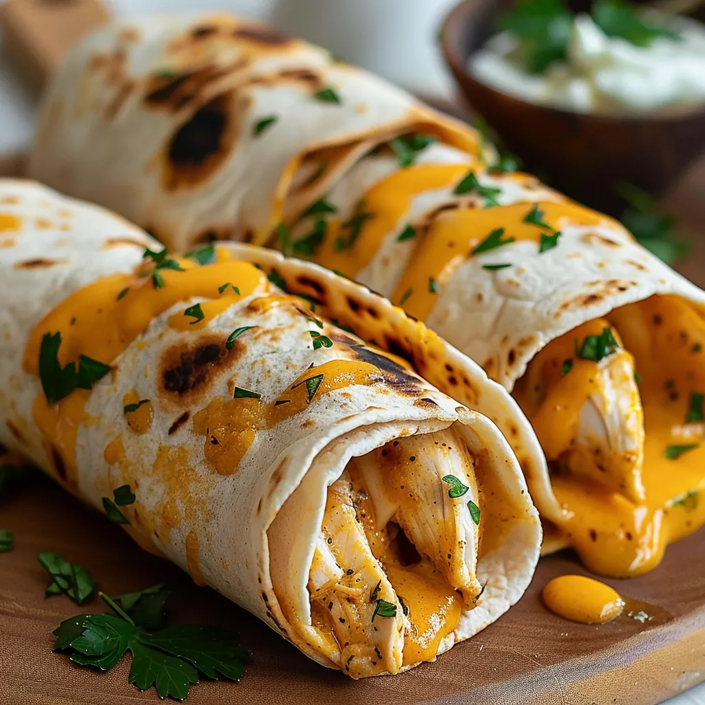 Zwei Tacos mit Käse und Sauce auf einem Holzbrett.