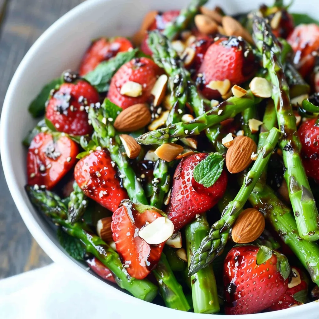 Ein weißer Becher mit einer Mischung aus Strawberries, Asparagus und Walnuts.