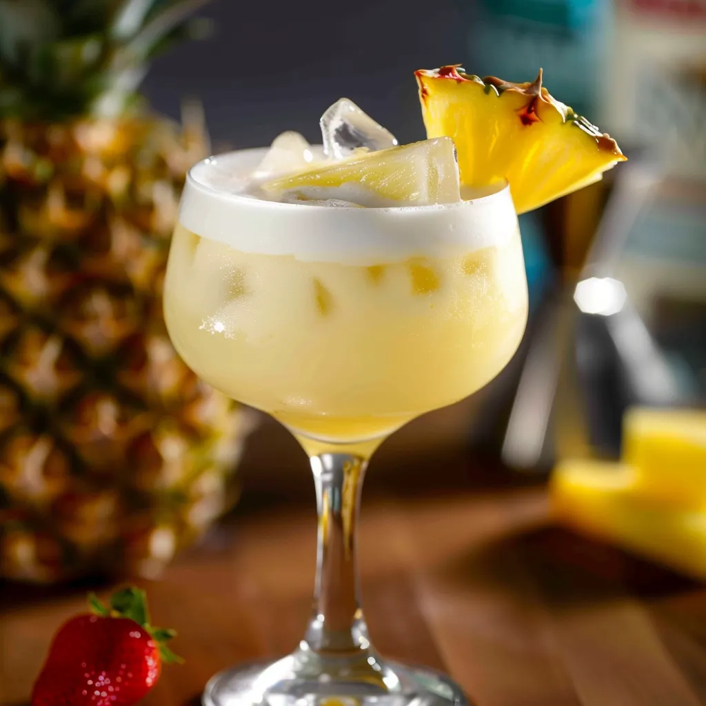 Ein Glas mit einer Pina Colada, die mit Eis und Pineapple geschmolzen ist.