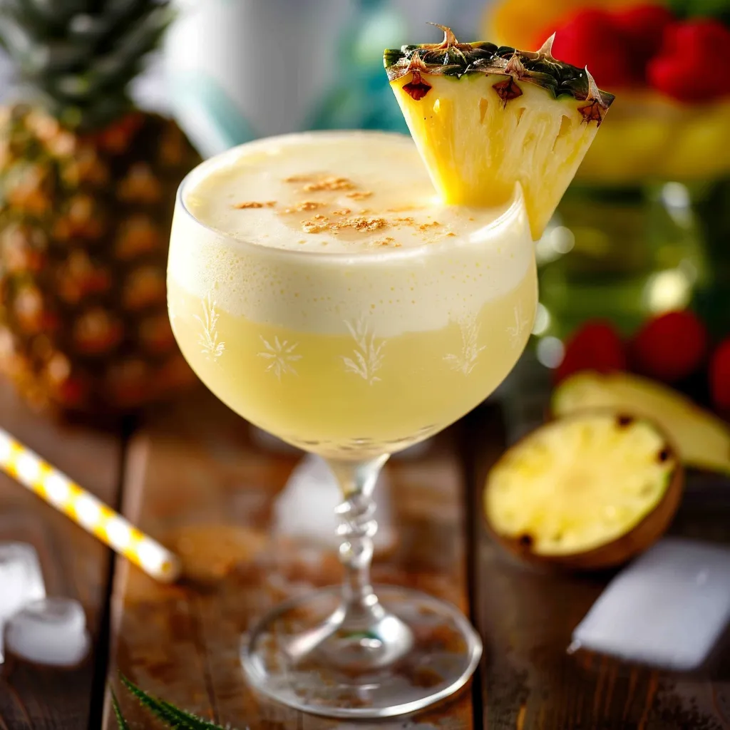 Ein Glas mit einer Pina Colada, die mit Pineapple, Coconut und Zucker zubereitet wurde.