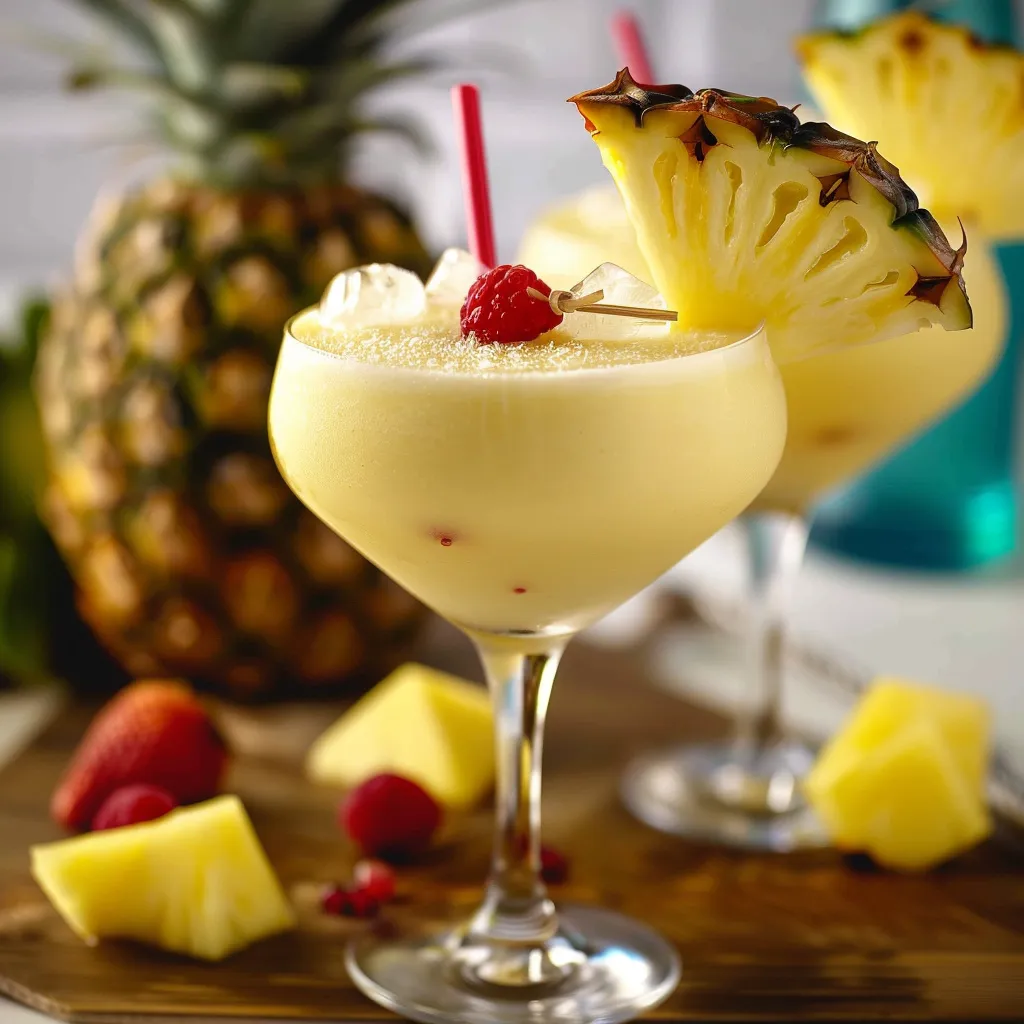 Ein Glas mit Pina Colada und Pineapple-Chunks auf einem Tisch.