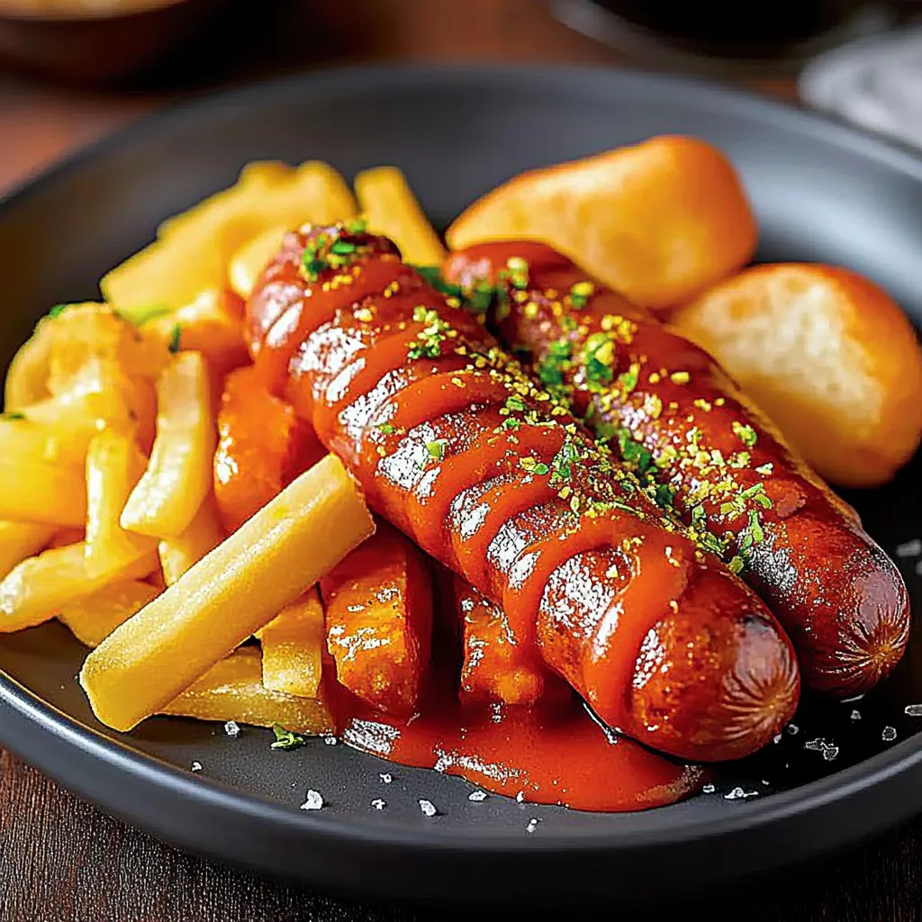 Ein Plate mit Currywurst, die mit Currysauce garniert sind.