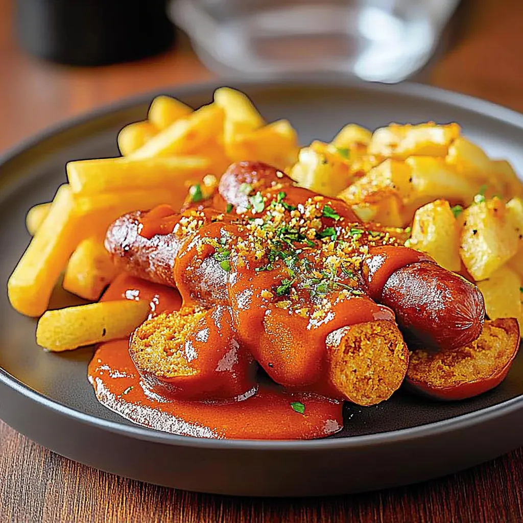 Ein Plate mit Currywurst, Fries und Currysauce.