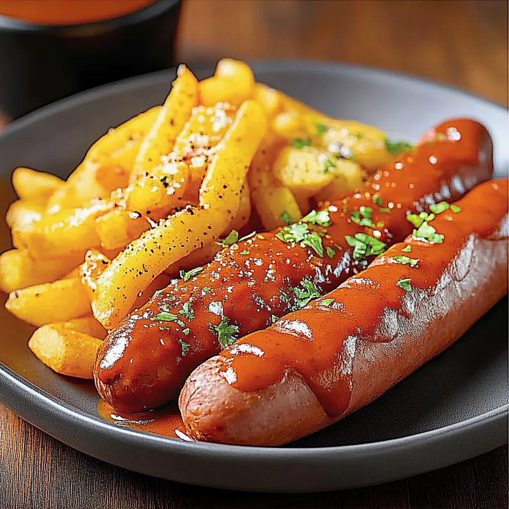 Ein Plate mit Currywurst und Friesen.