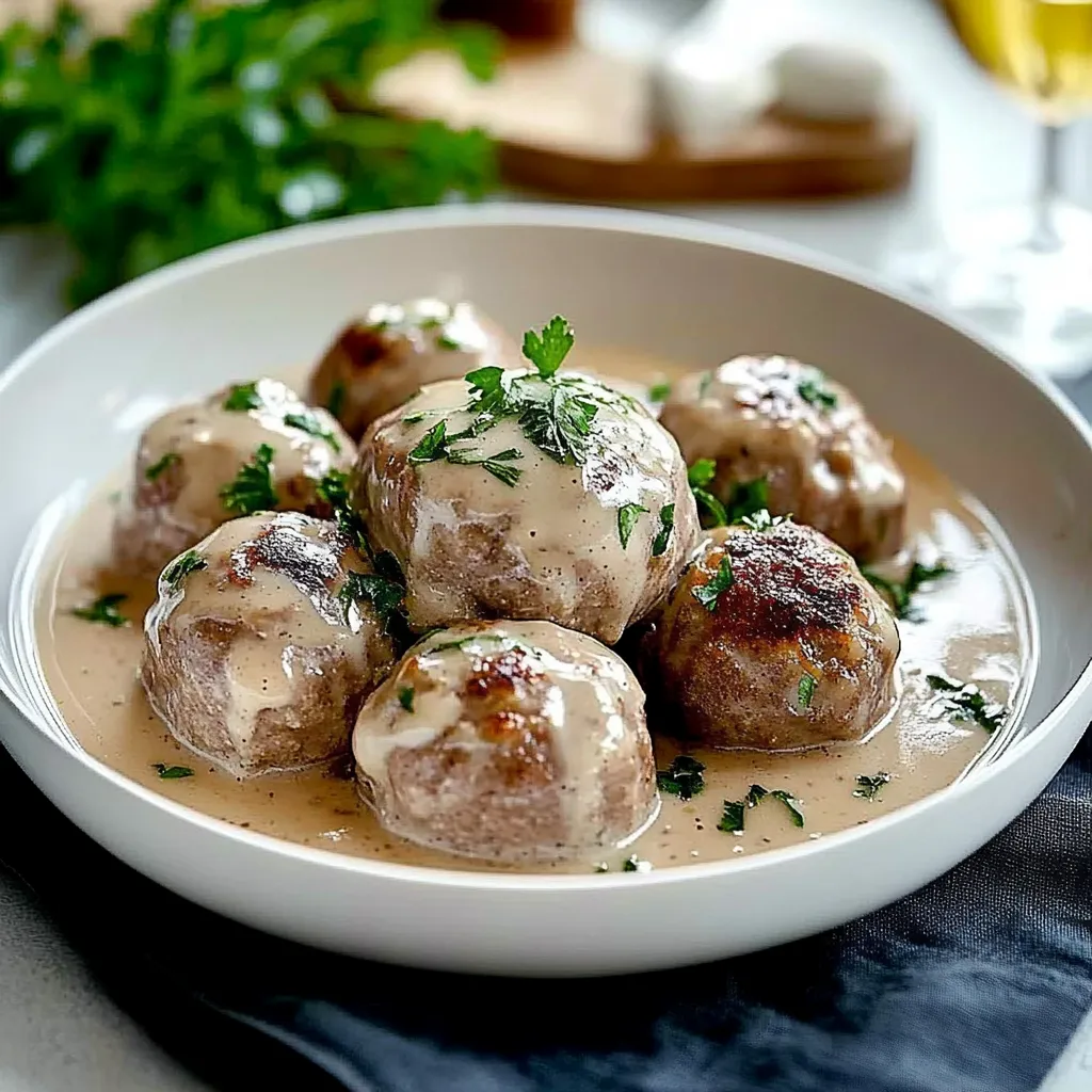 Ein weißer Teller mit Königsberger Klopse auf einem Tisch.