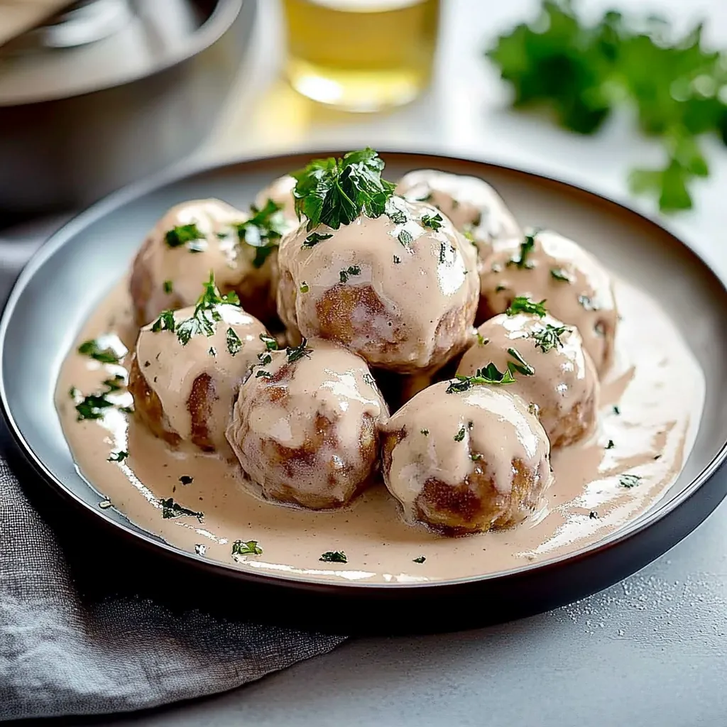 Ein Plate mit Königsberger Klopse, die in einer Sauce serviert werden.