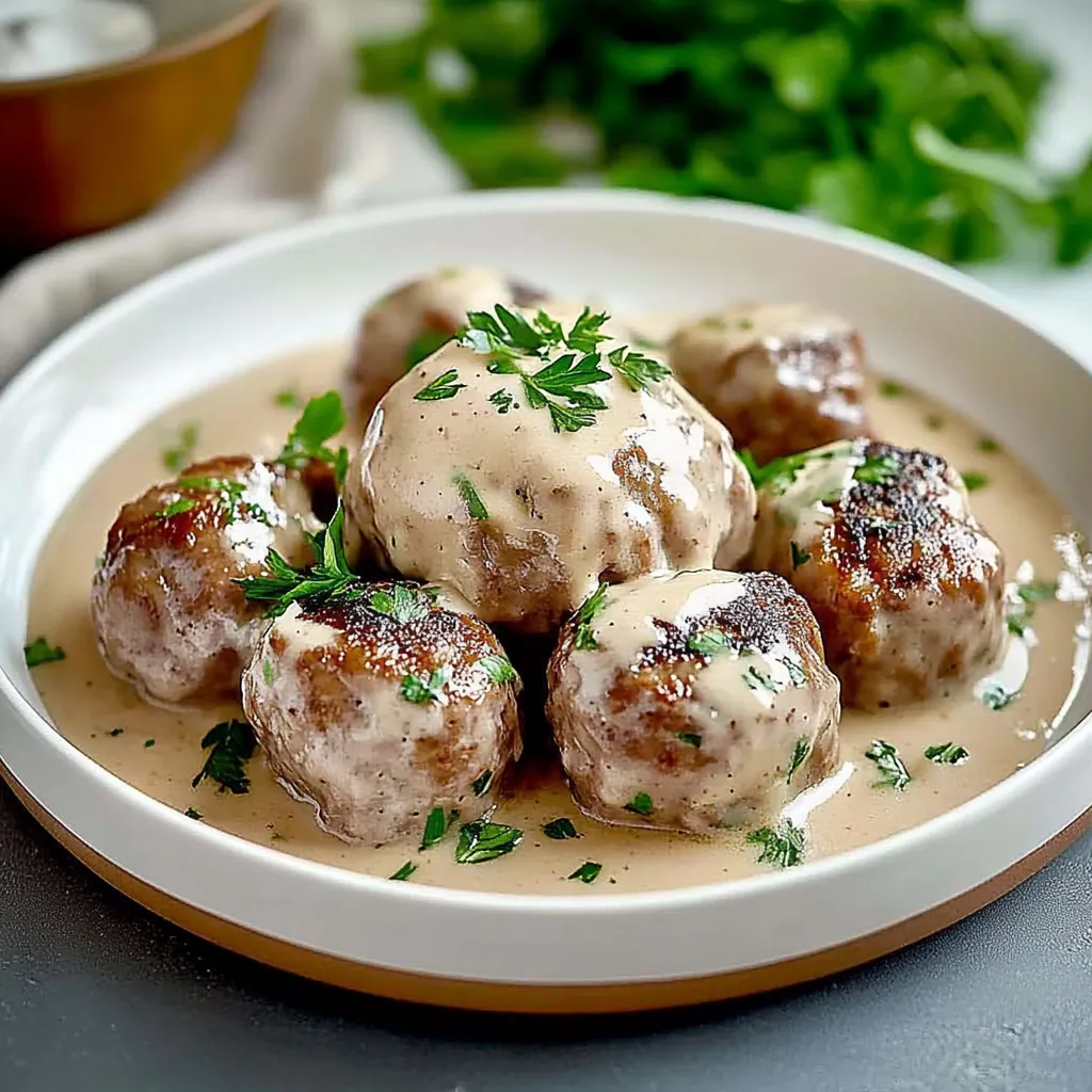 Ein weißer Teller mit Königsberger Klopse, die in einer Sauce serviert werden.
