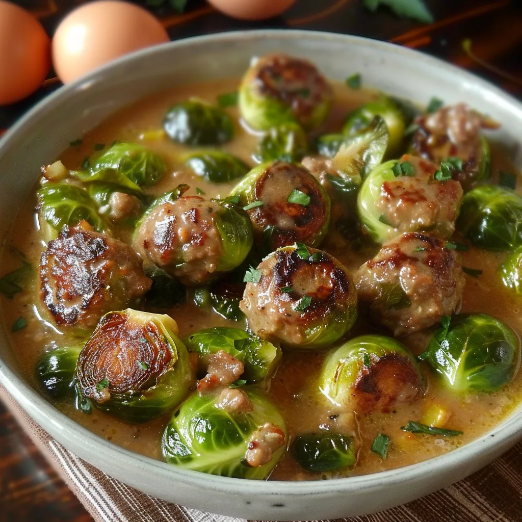 Ein großer Topf mit einer Mischung aus Fleisch, Zwiebeln und Brühe, die mit grünen Blattkohlern und Kartoffeln garniert ist.