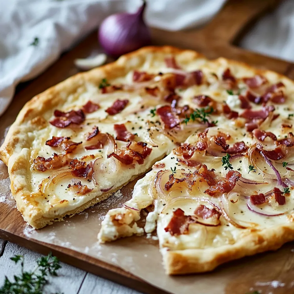 Einfacher Flammkuchen mit Bacon, Onion und Käse auf einem Holzbrett.