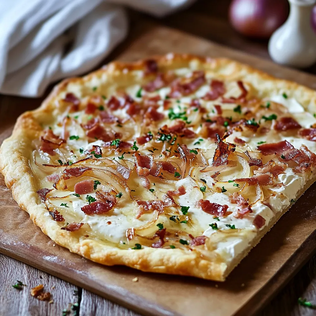 Einfacher Flammkuchen mit Bacon und Zwiebeln auf einem Tisch.