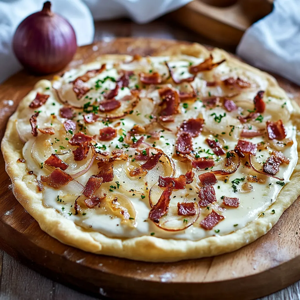 Einfacher Flammkuchen mit Bacon, Onion und Käse.