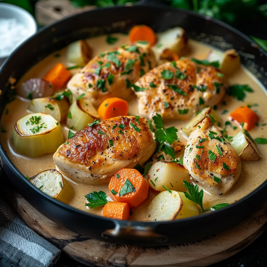 Ein Schalen mit Chicken und Gemüse, darunter Karotten und Zwiebeln.