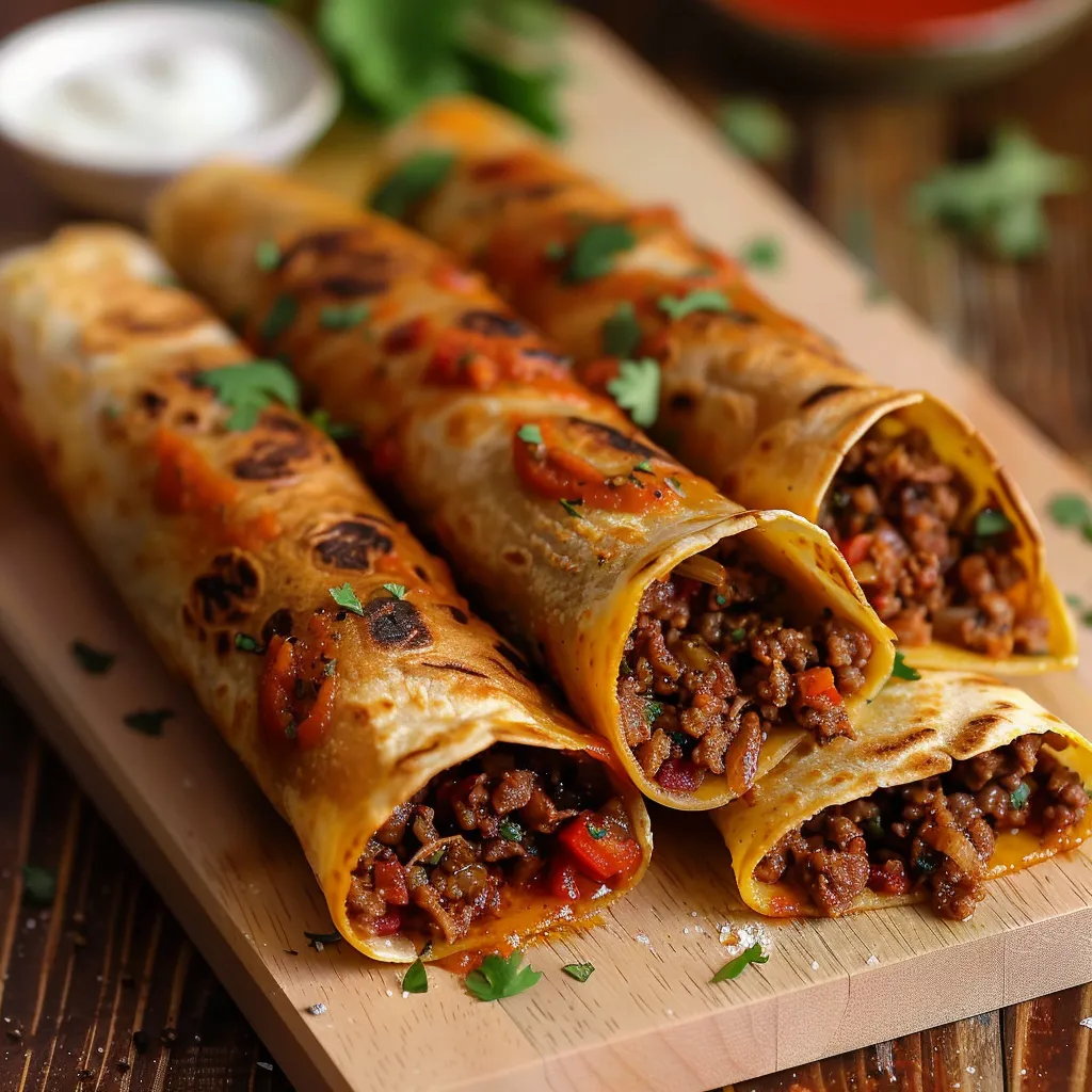 Ein paar Burritos mit verschiedenen Zutaten wie Tomaten, Paprika und Koriander auf einem Brett.
