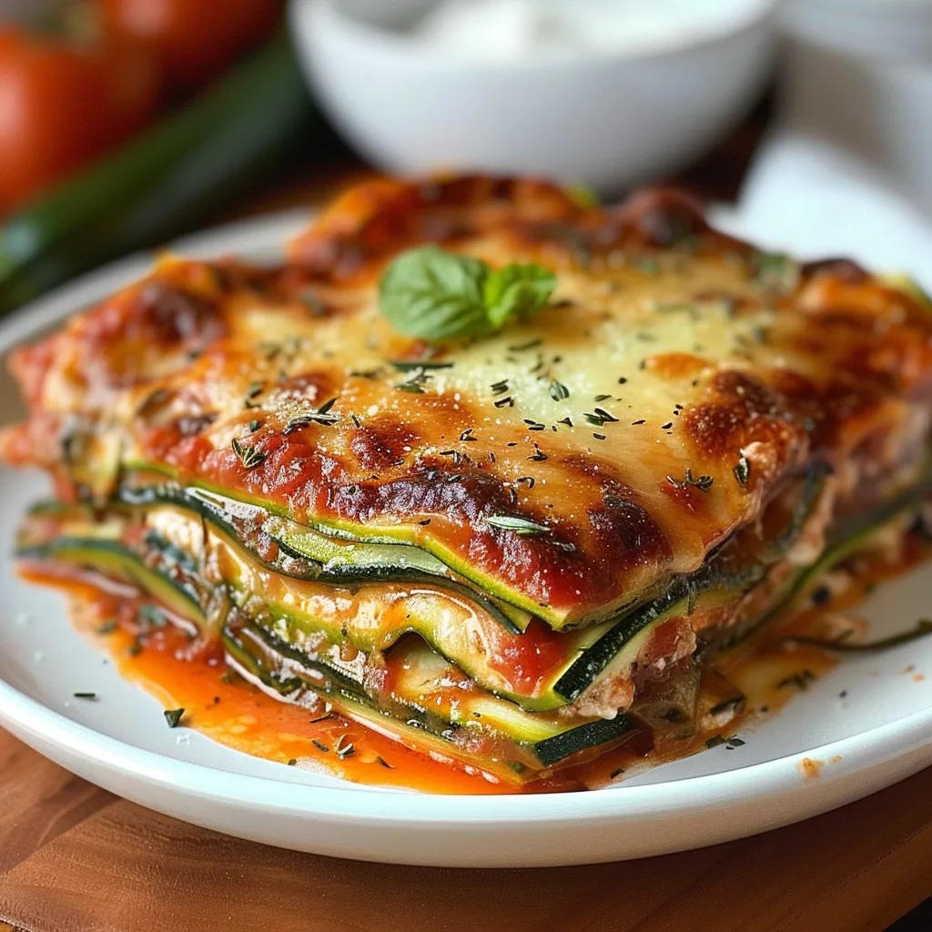 Ein Plate mit einer Lasagne, die mit Zucchini und Spinat garniert ist.