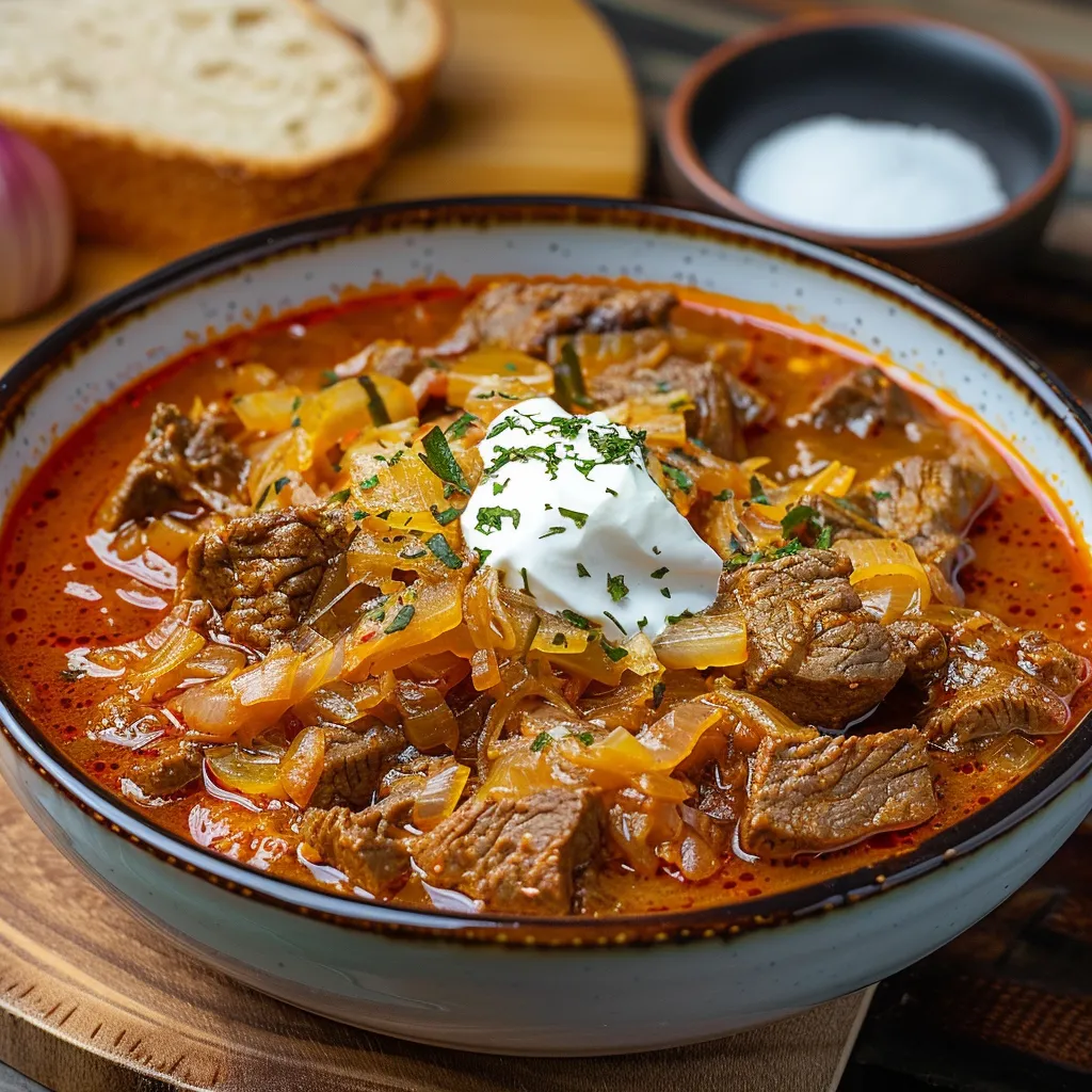 Ein Schüssel mit einer Mischung aus Fleisch, Zwiebeln und Knoblauch.