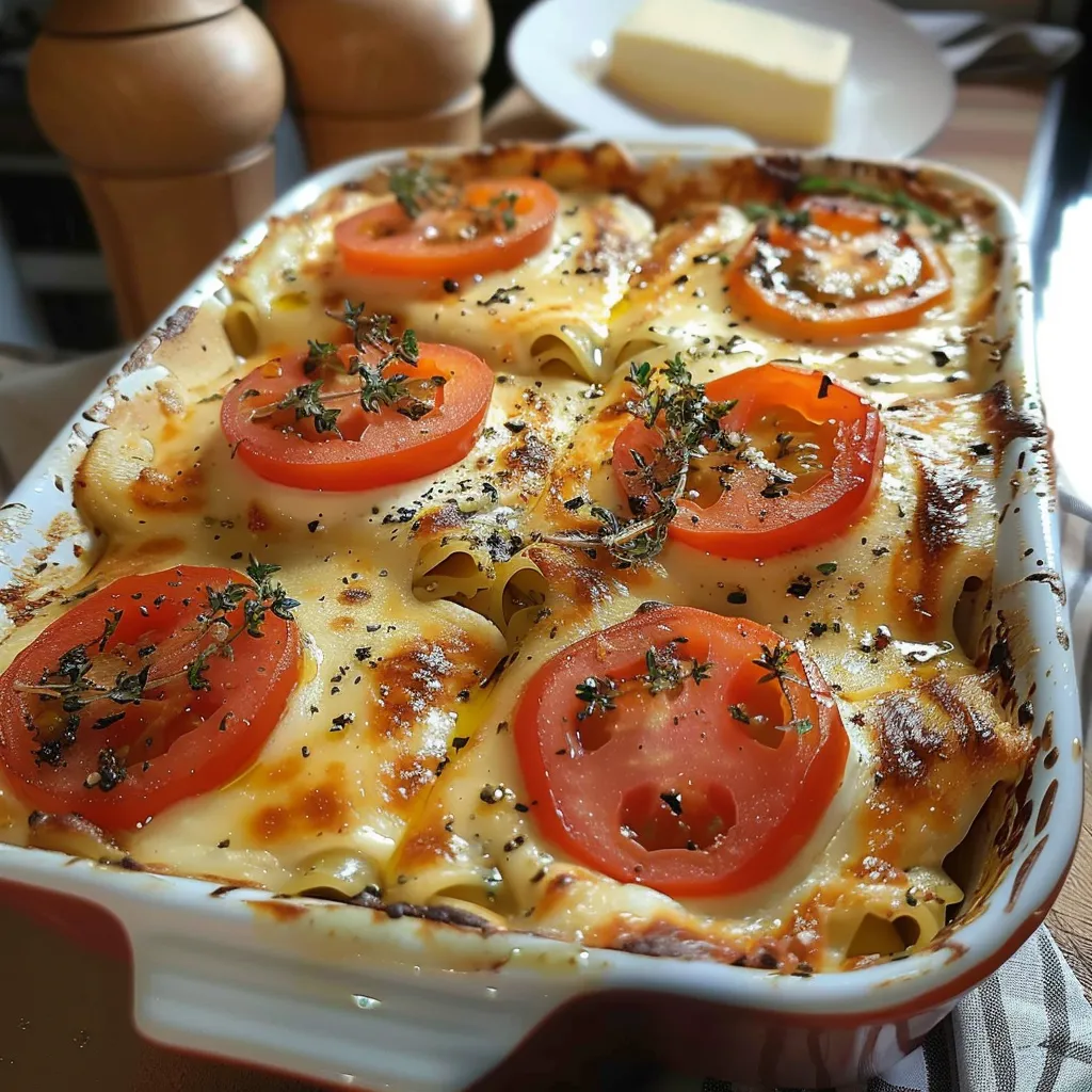 Ein Schälchen mit Pasta, Tomaten und Käse.