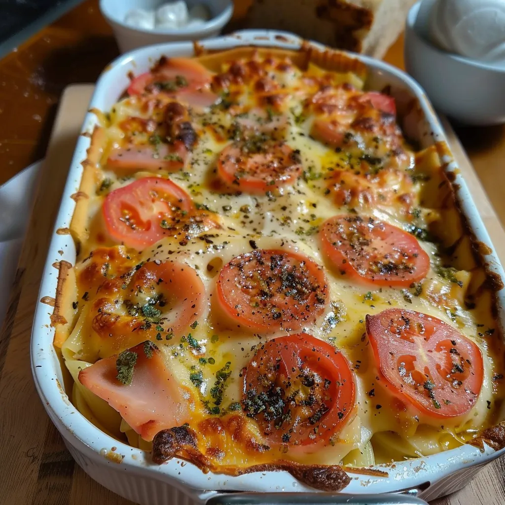 Ein Teller mit einer Lasagne, die mit Tomaten, Zwiebeln und Käse garniert ist.