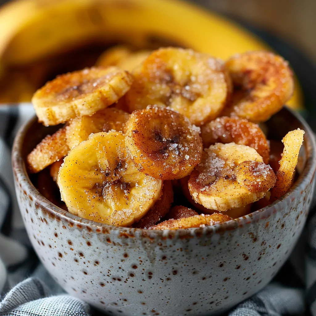 Ein großer, dunkler Becher mit Bananen, die mit Zucker und Gewürzen garniert sind.
