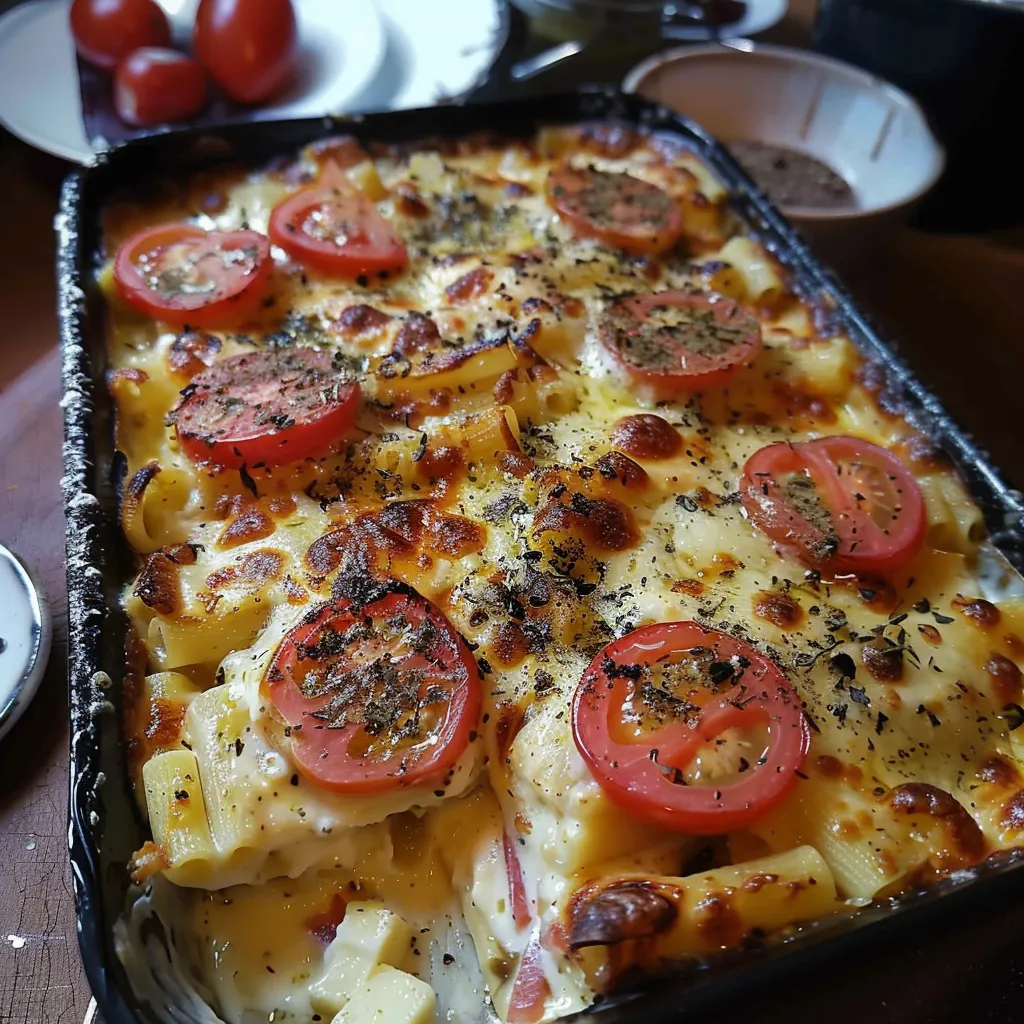 Ein Schälchen mit Käse, Tomaten und Pasta.