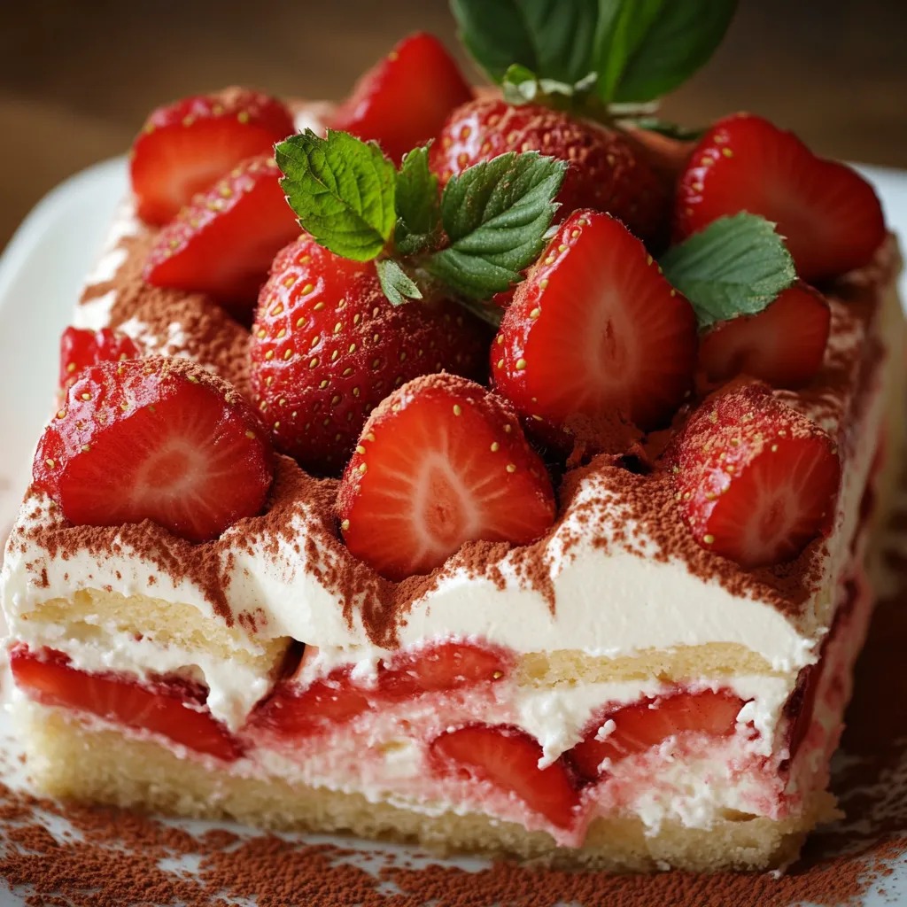 Ein Stück Erdbeer Tiramisu mit Strawberries und Schokolade.