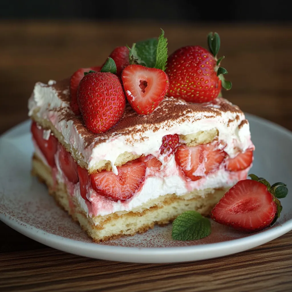 Eine Tafel mit einem Stück Erdbeer Tiramisu, der mit Strawberries und Zitronen garniert ist.