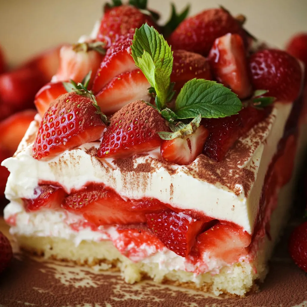 Eine Tafel mit einer Strawberry Tiramisu, die aus Strawberries, Cream und Tiramisu besteht.