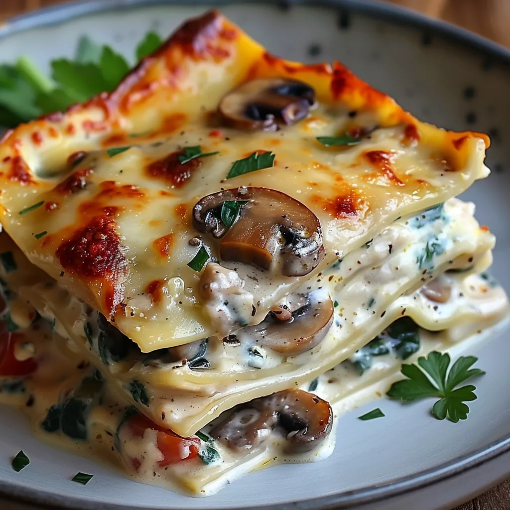 Eine Platte mit einer Lasagne, die mit Mushrooms und Spinat garniert ist.